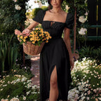 Emma | Lace-up Mid Waist Maxi Dress - Dinner Attire, Puff Sleeve Slit