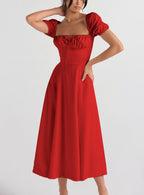 Emma | Lace-up Mid Waist Maxi Dress - Dinner Attire, Puff Sleeve Slit