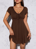 Women’s V-Neck Drawstring Mini Dress – Short Sleeve Summer Fit