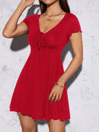 Women’s V-Neck Drawstring Mini Dress – Short Sleeve Summer Fit