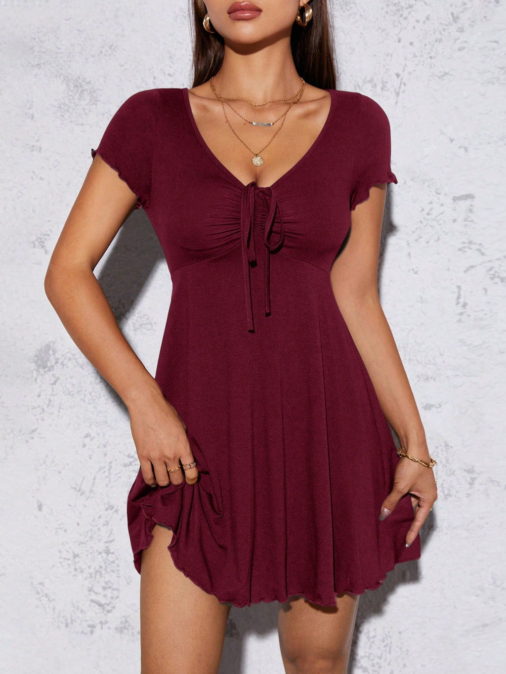 Women’s V-Neck Drawstring Mini Dress – Short Sleeve Summer Fit