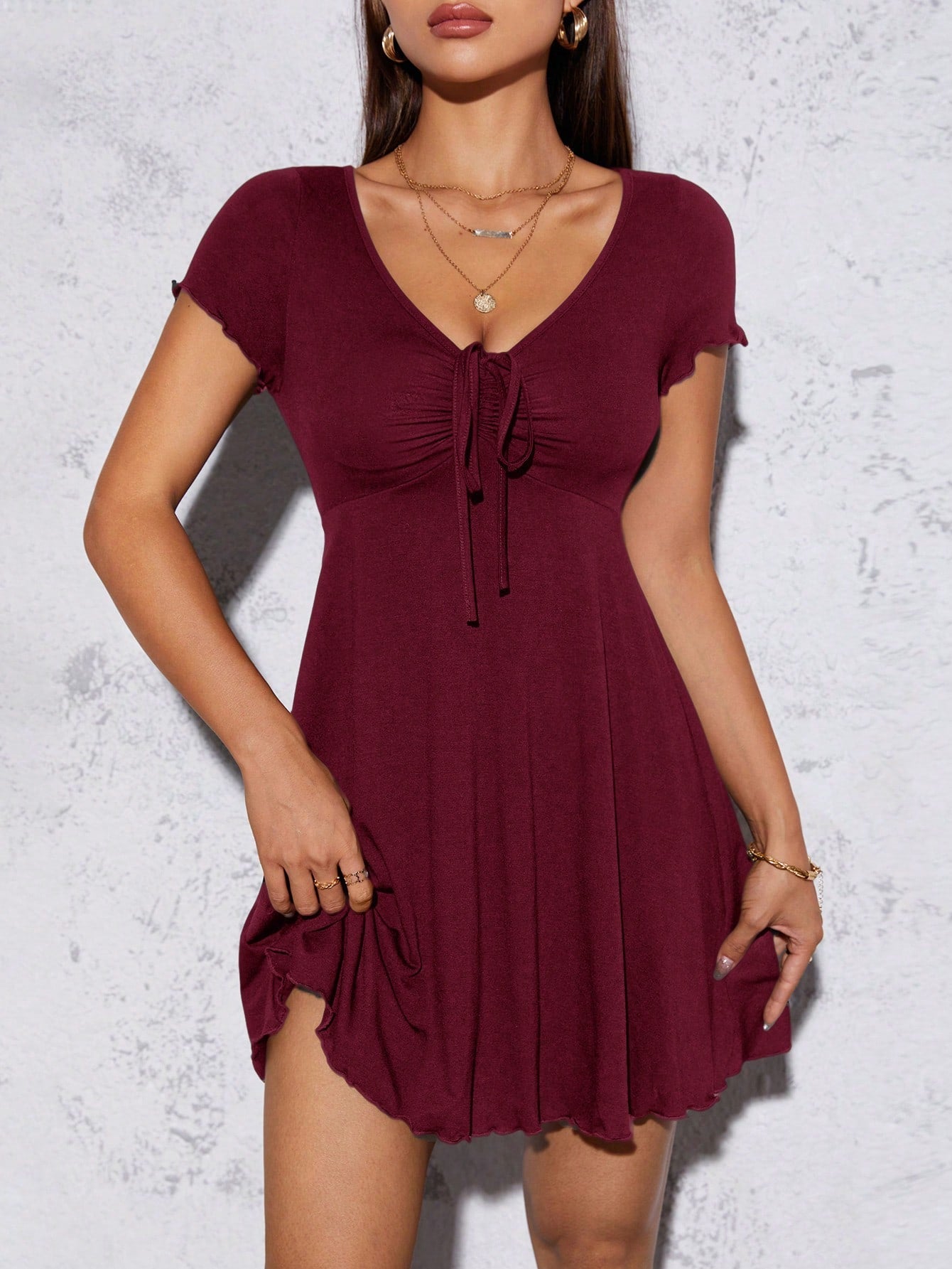 Women’s V-Neck Drawstring Mini Dress – Short Sleeve Summer Fit