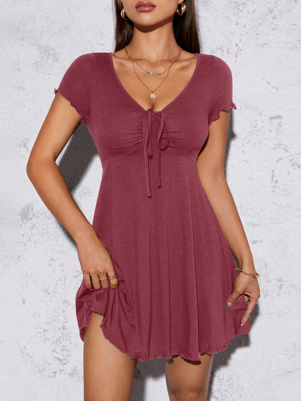 Women’s V-Neck Drawstring Mini Dress – Short Sleeve Summer Fit