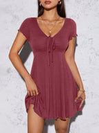 Women’s V-Neck Drawstring Mini Dress – Short Sleeve Summer Fit