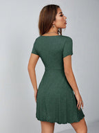 Women’s V-Neck Drawstring Mini Dress – Short Sleeve Summer Fit