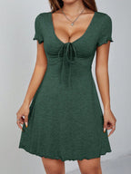 Women’s V-Neck Drawstring Mini Dress – Short Sleeve Summer Fit