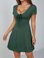 Women’s V-Neck Drawstring Mini Dress – Short Sleeve Summer Fit