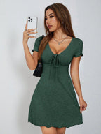 Women’s V-Neck Drawstring Mini Dress – Short Sleeve Summer Fit