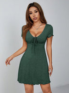 Women’s V-Neck Drawstring Mini Dress – Short Sleeve Summer Fit