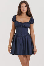 Maya | Nala French Navy Gathered Mini Dress , Dinner or Evening Attire - Dark Blue