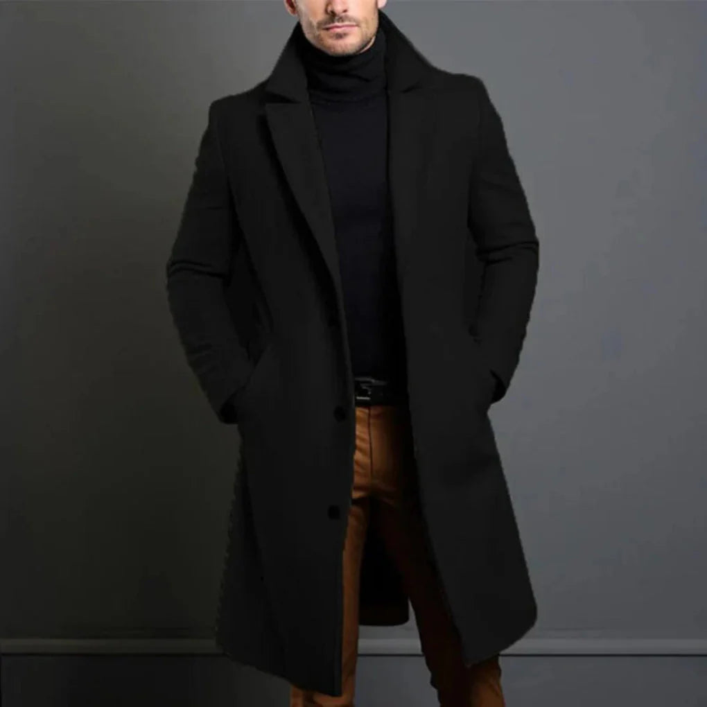 Men’s Overcoat Slim Fit - Faux Wool, Mid Length Winter Coat with Button Closure