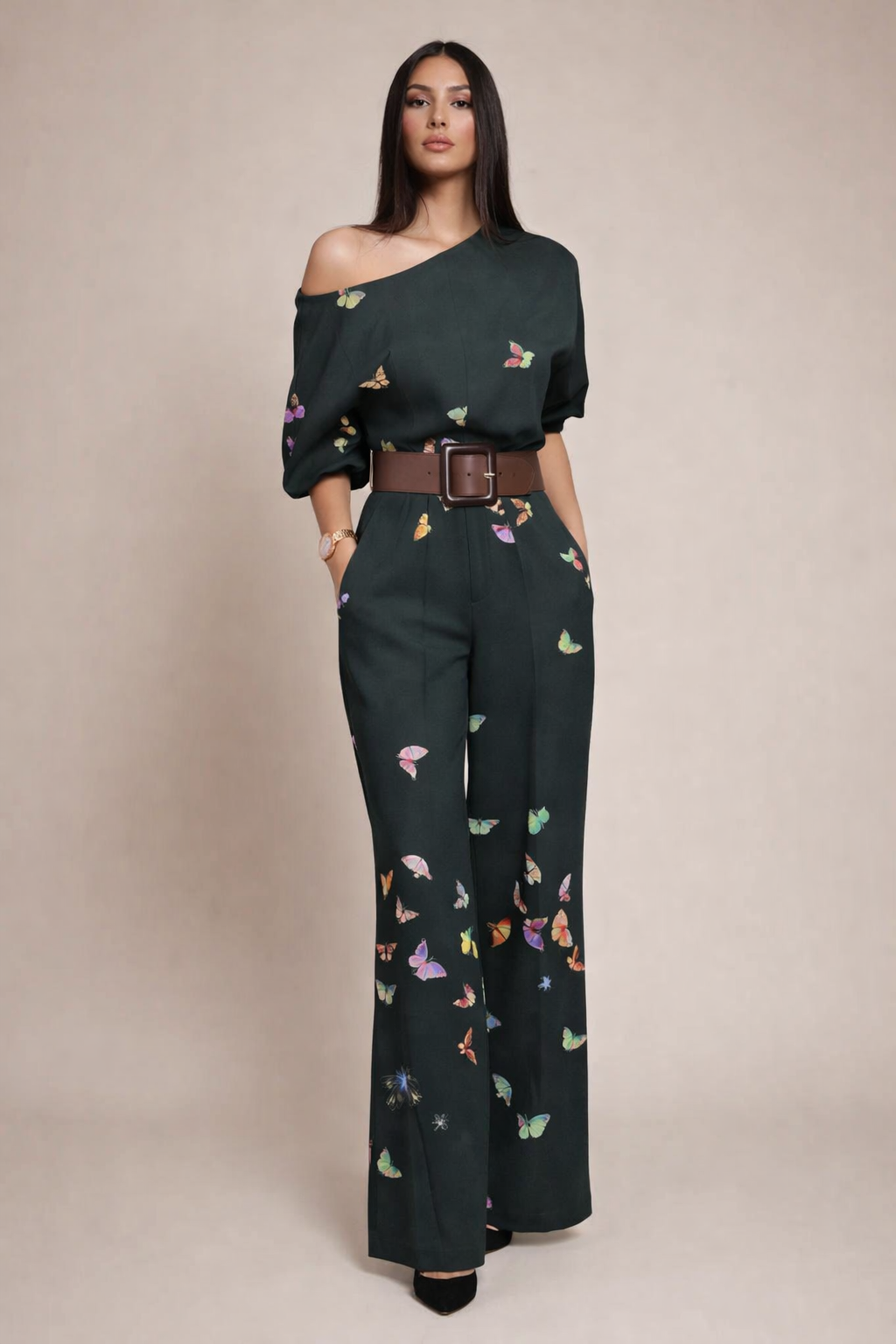 Women’s One Shoulder Wide Leg Jumpsuit – Artistic Print Design