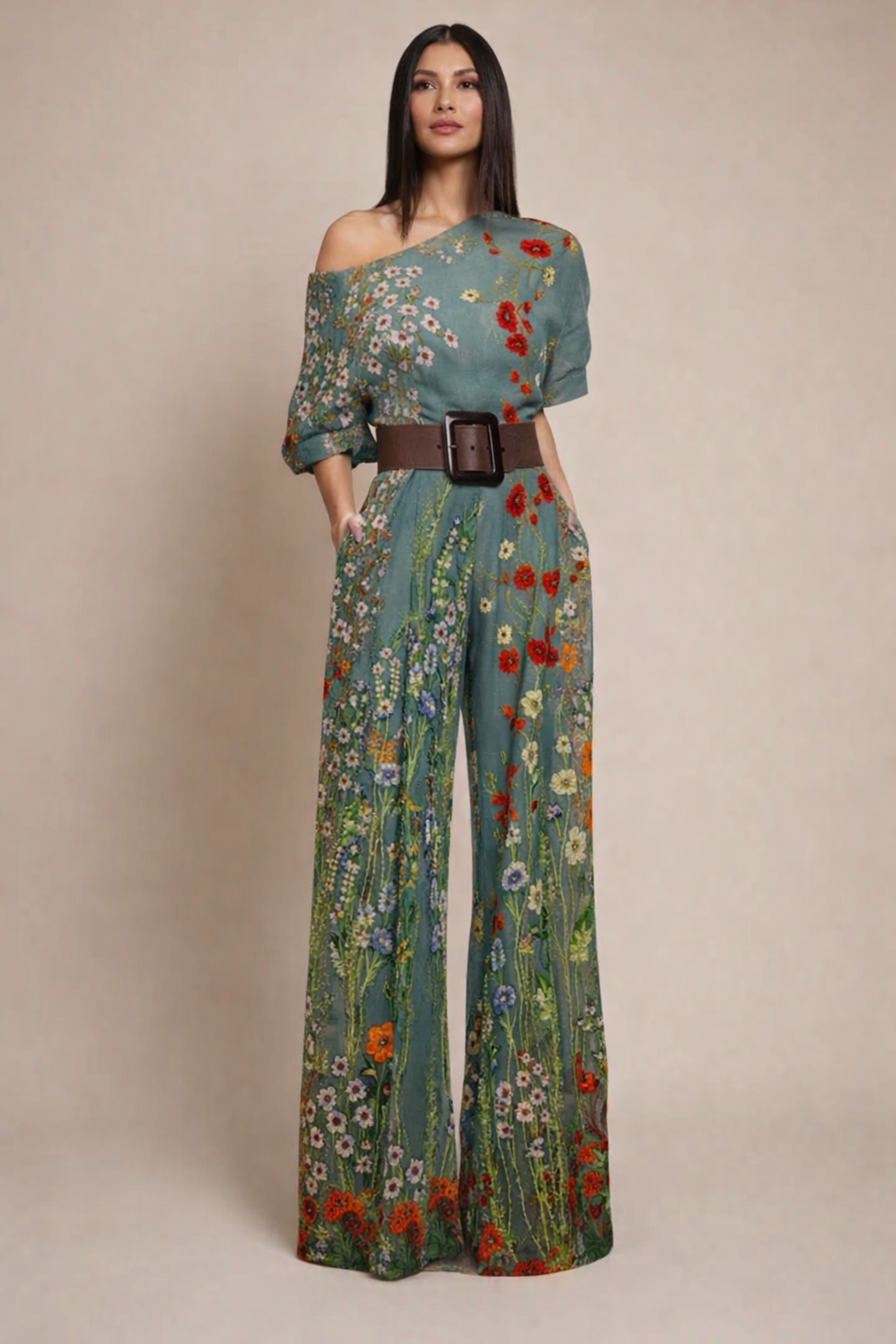 Women’s One Shoulder Wide Leg Jumpsuit – Artistic Print Design