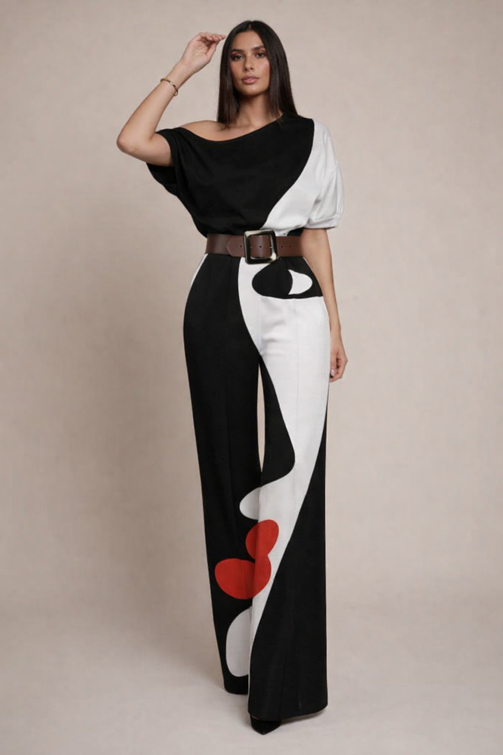 Women’s One Shoulder Wide Leg Jumpsuit – Artistic Print Design