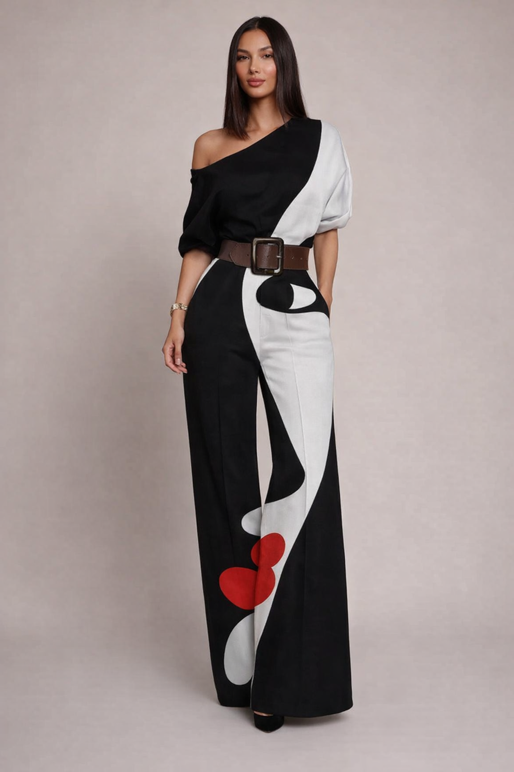 Women’s One Shoulder Wide Leg Jumpsuit – Artistic Print Design