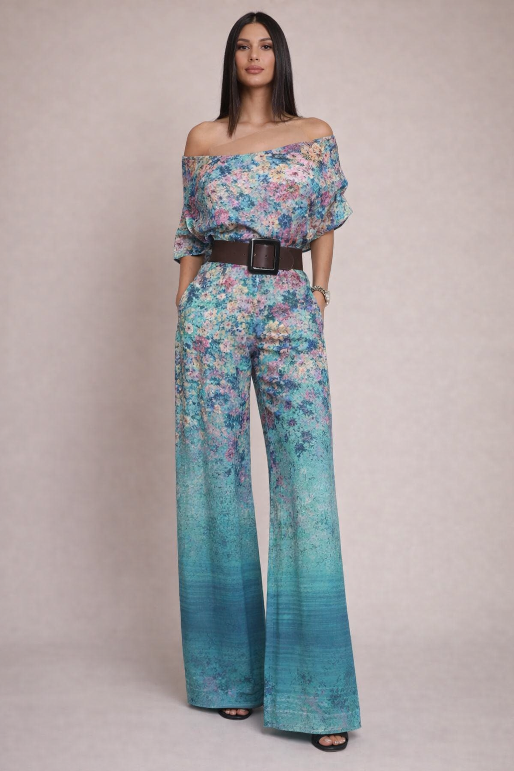 Women’s One Shoulder Wide Leg Jumpsuit – Artistic Print Design