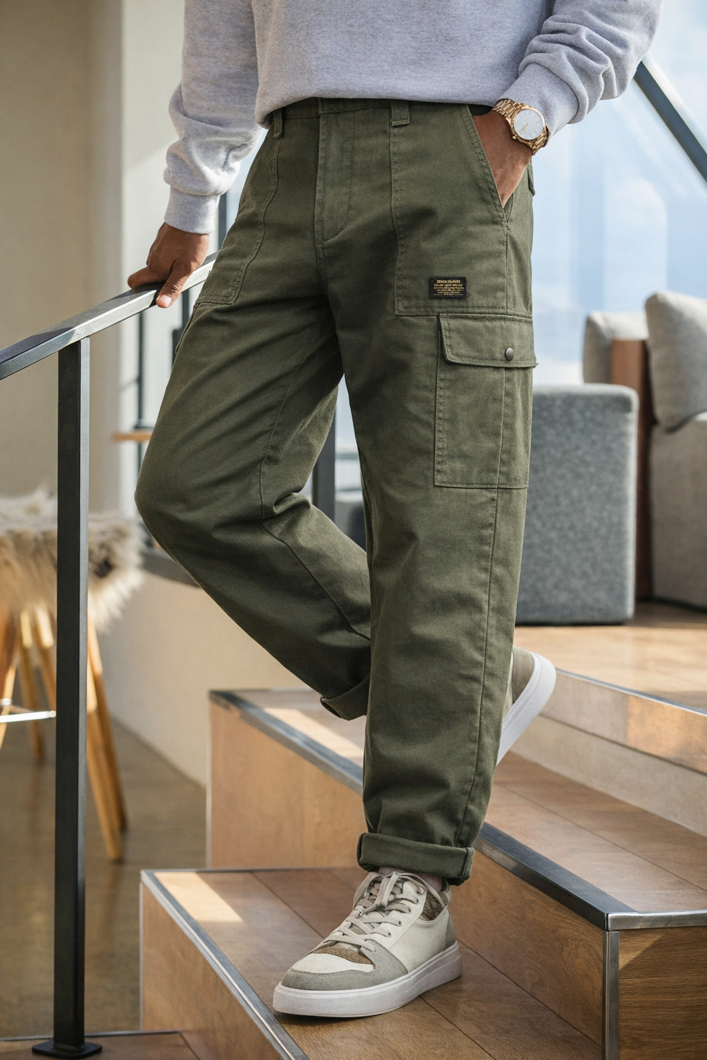 Men’s Utility Cargo Pants – Straight leg, Rugged Multi Pocket Panel Trousers with elasticated waist