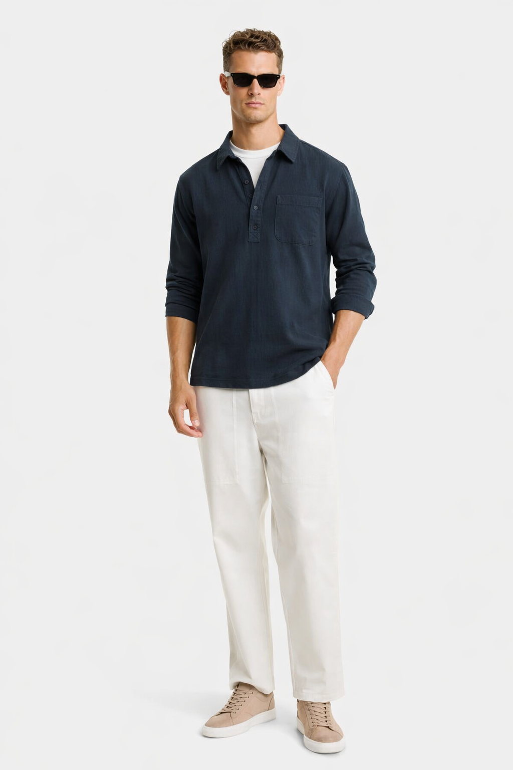 Men’s Old Money Button Up Polo Shirt – Cotton-Linen Blend Casual Shirt - Relaxed fit