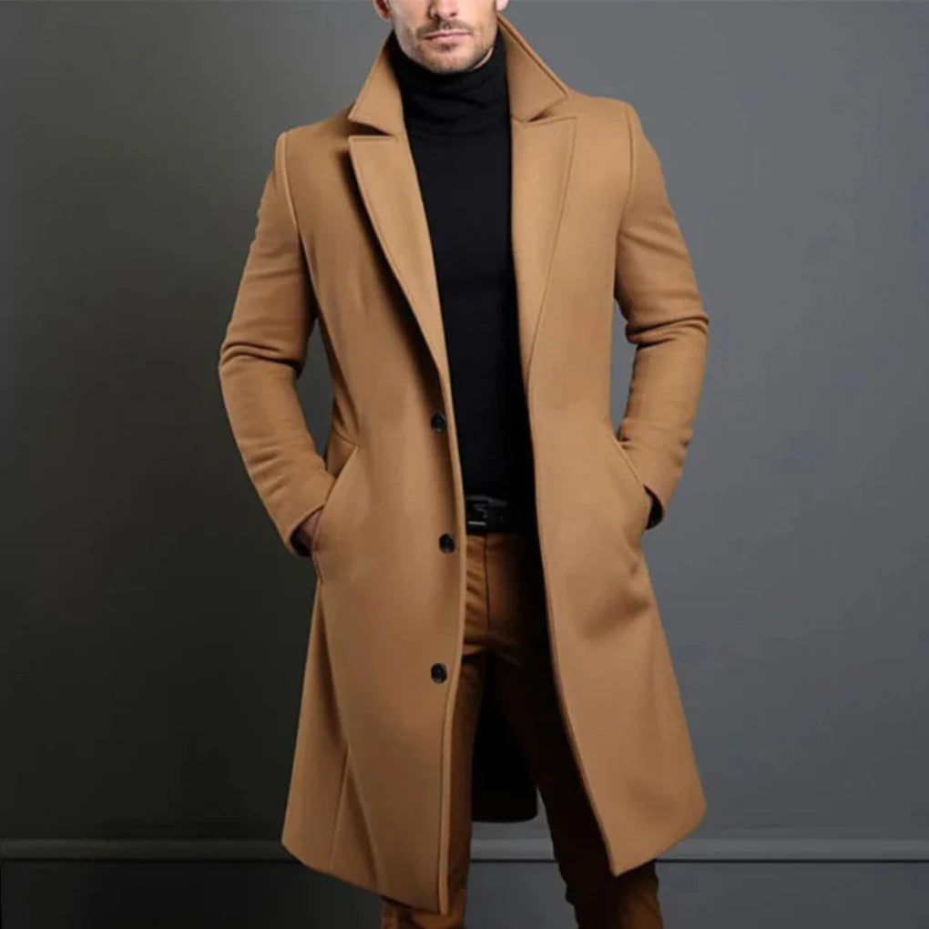 Men’s Overcoat Slim Fit - Faux Wool, Mid Length Winter Coat with Button Closure