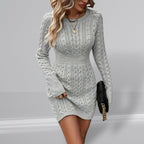 Women’s Cable Knit Long Sleeve Sweater Dress with Fitted Waist