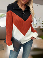 Women’s Colour Block Zip-Up Knit Jumper – Long Sleeve Chevron Sweater with Quarter Zip Detail