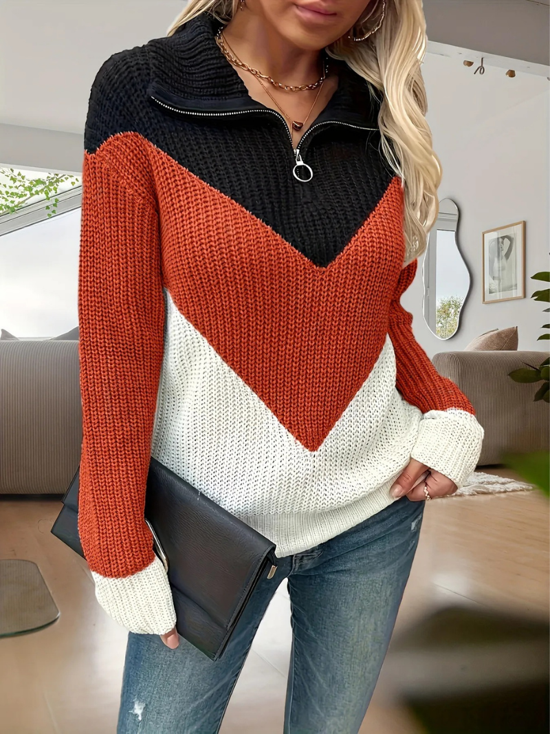 Women’s Colour Block Zip-Up Knit Jumper – Long Sleeve Chevron Sweater with Quarter Zip Detail