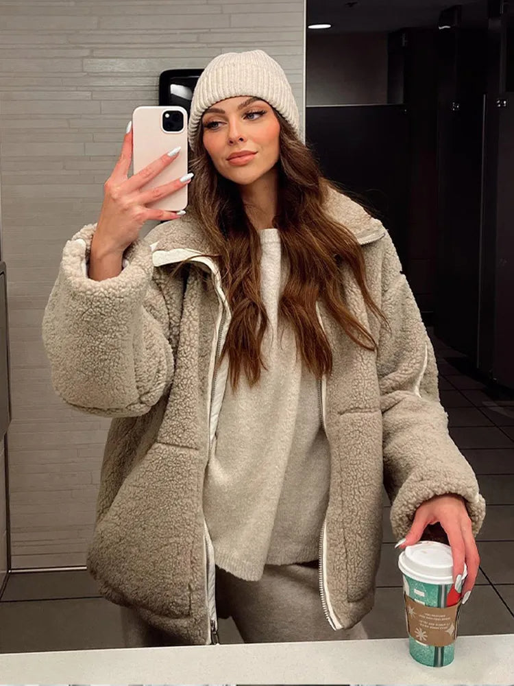 Women’s Sherpa Zip-Up Coat Plush Comfortable Modern Outerwear