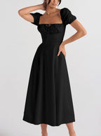 Emma | Lace-up Mid Waist Maxi Dress - Dinner Attire, Puff Sleeve Slit