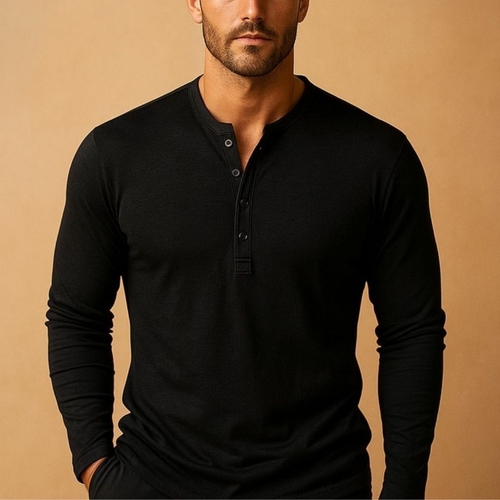 Men’s Cotton Blend Henley Top – Soft Stretch Fabric, Slim Fit Long Sleeve Shirt