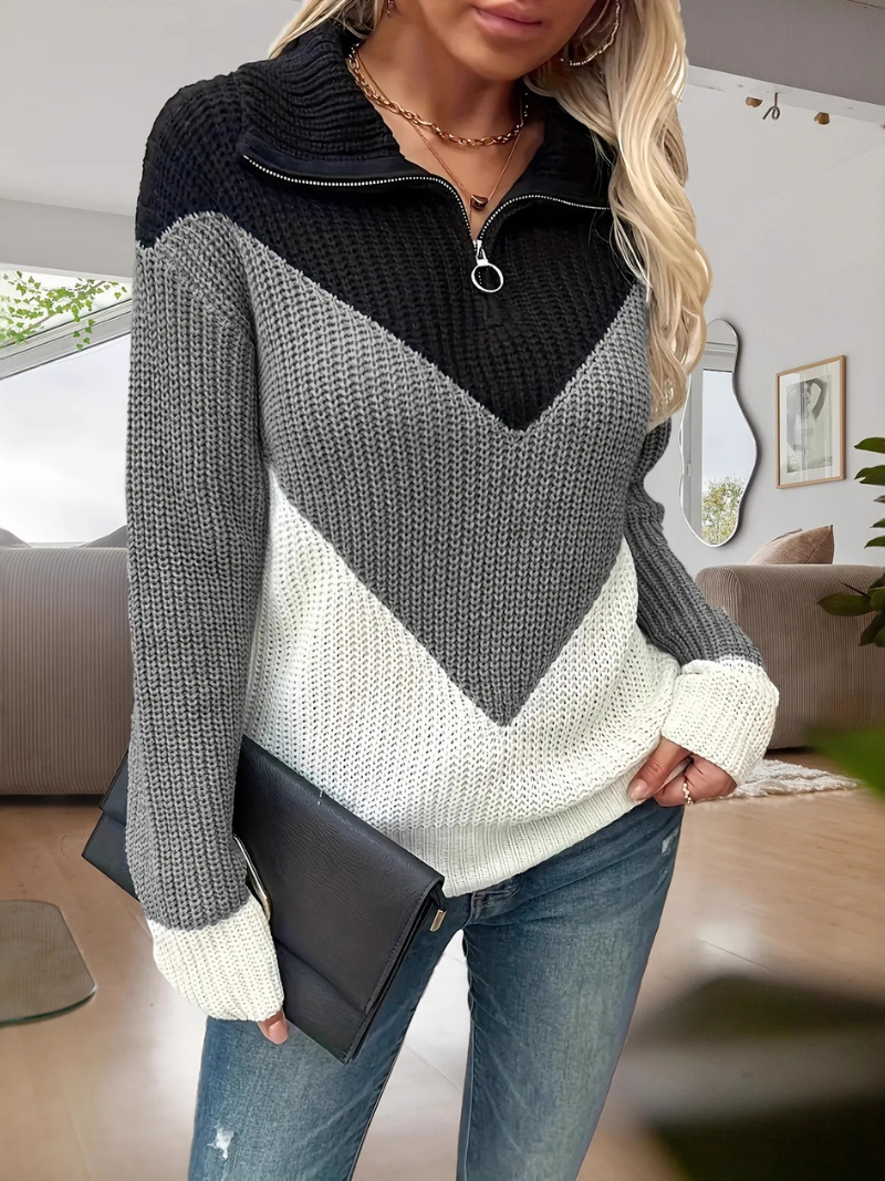 Women’s Colour Block Zip-Up Knit Jumper – Long Sleeve Chevron Sweater with Quarter Zip Detail