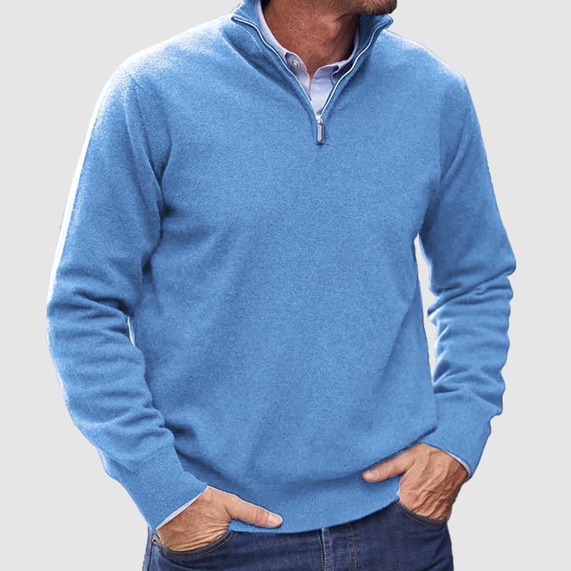 Men’s Classic Zip-Up Knit Sweater – Long Sleeve Half Zip Pullover with Ribbed Cuffs & Hem – Smart Casual Everyday Jumper