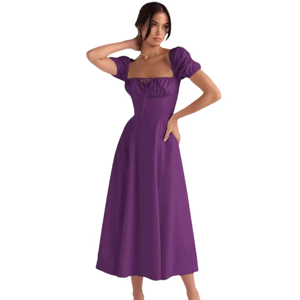 Emma | Lace-up Mid Waist Maxi Dress - Dinner Attire, Puff Sleeve Slit