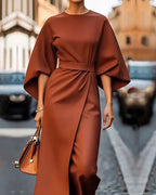 Elizabeth | Elegant Midi Dress – Statement Lantern Sleeves & Belted Waist