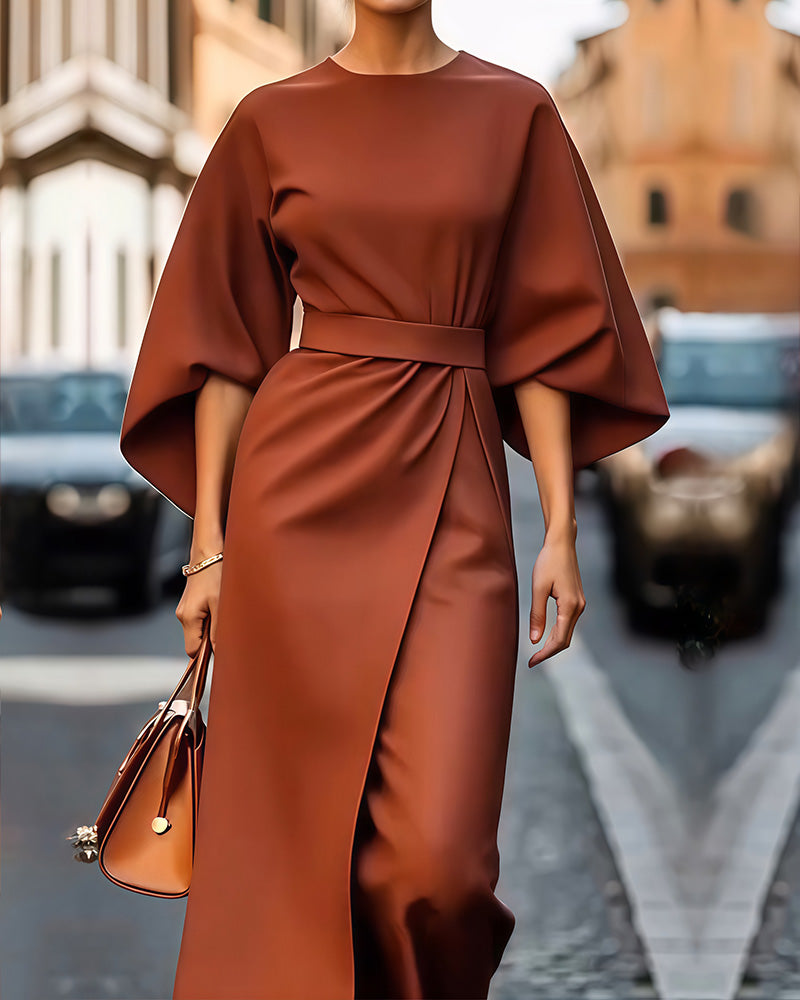 Elizabeth | Elegant Midi Dress – Statement Lantern Sleeves & Belted Waist