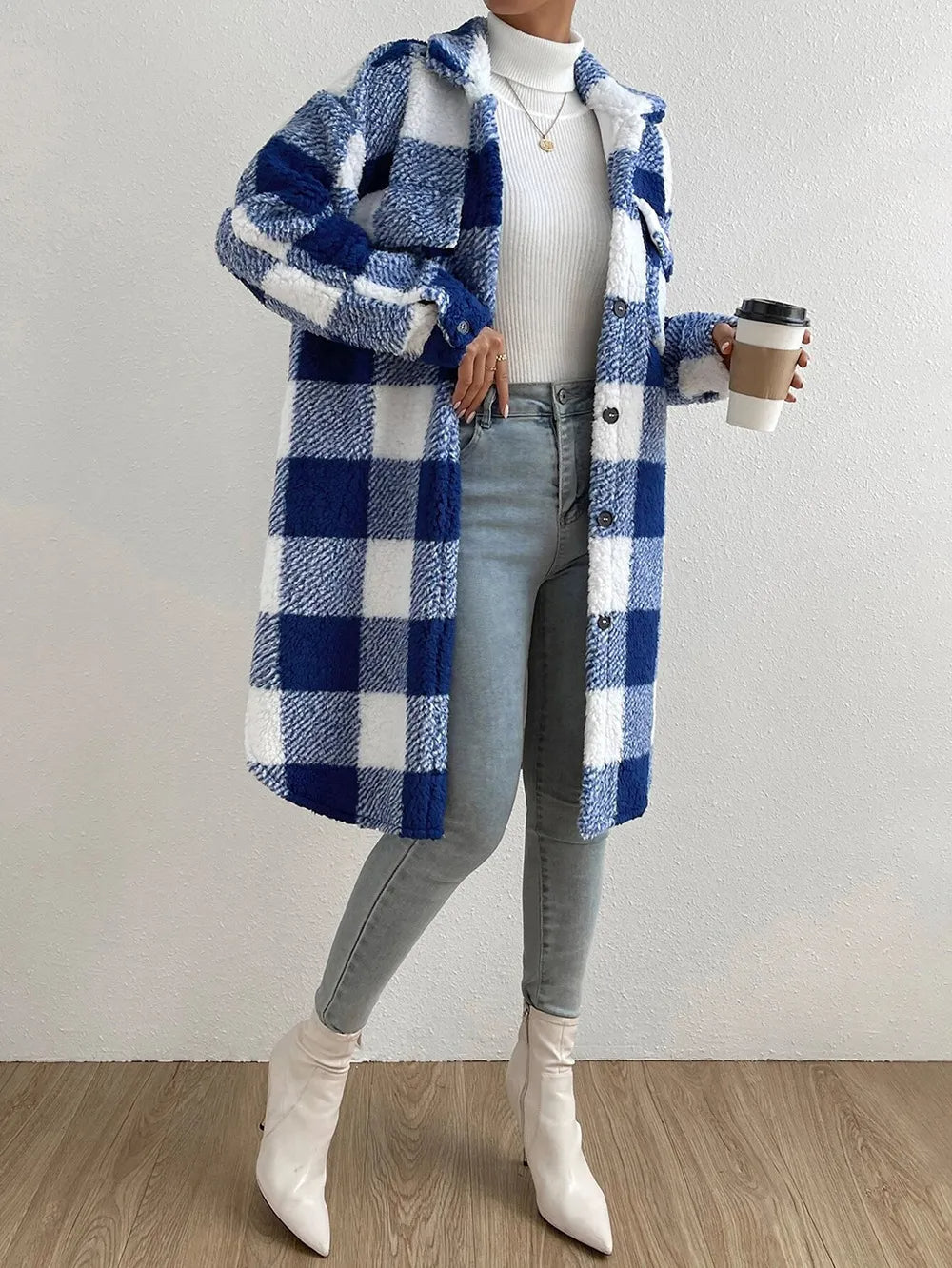 Zoe | Women’s Longline Oversized Plaid Coat - Cozy Stylish Winter Button Down Outerwear Jacket