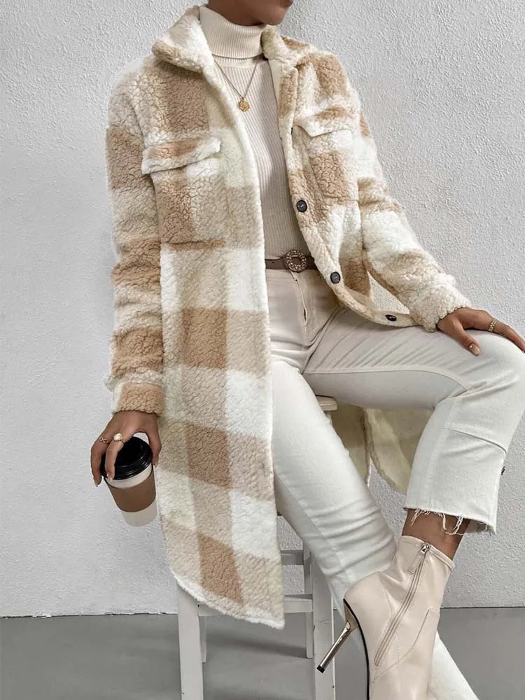 Zoe | Women’s Longline Oversized Plaid Coat - Cozy Stylish Winter Button Down Outerwear Jacket