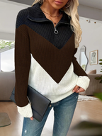 Women’s Colour Block Zip-Up Knit Jumper – Long Sleeve Chevron Sweater with Quarter Zip Detail