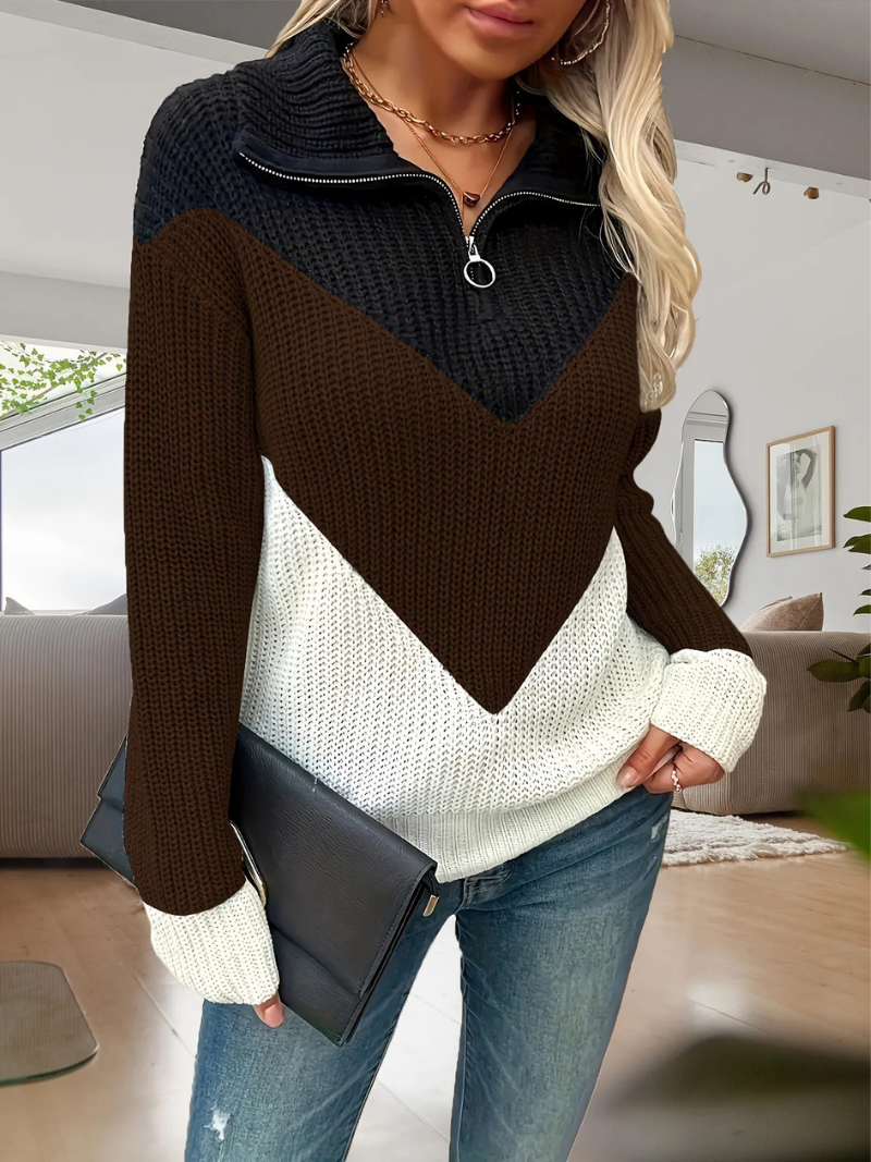 Women’s Colour Block Zip-Up Knit Jumper – Long Sleeve Chevron Sweater with Quarter Zip Detail