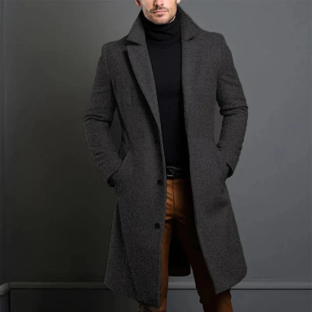 Men’s Overcoat Slim Fit - Faux Wool, Mid Length Winter Coat with Button Closure