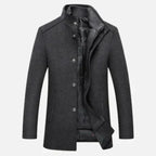 James | Men’s Mid-Length Stand Collar Overcoat - Faux Wool Formal Winter Coat