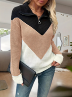 Women’s Colour Block Zip-Up Knit Jumper – Long Sleeve Chevron Sweater with Quarter Zip Detail