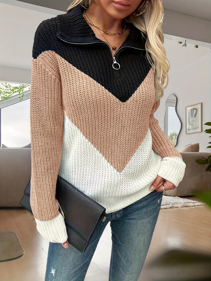 Women’s Colour Block Zip-Up Knit Jumper – Long Sleeve Chevron Sweater with Quarter Zip Detail