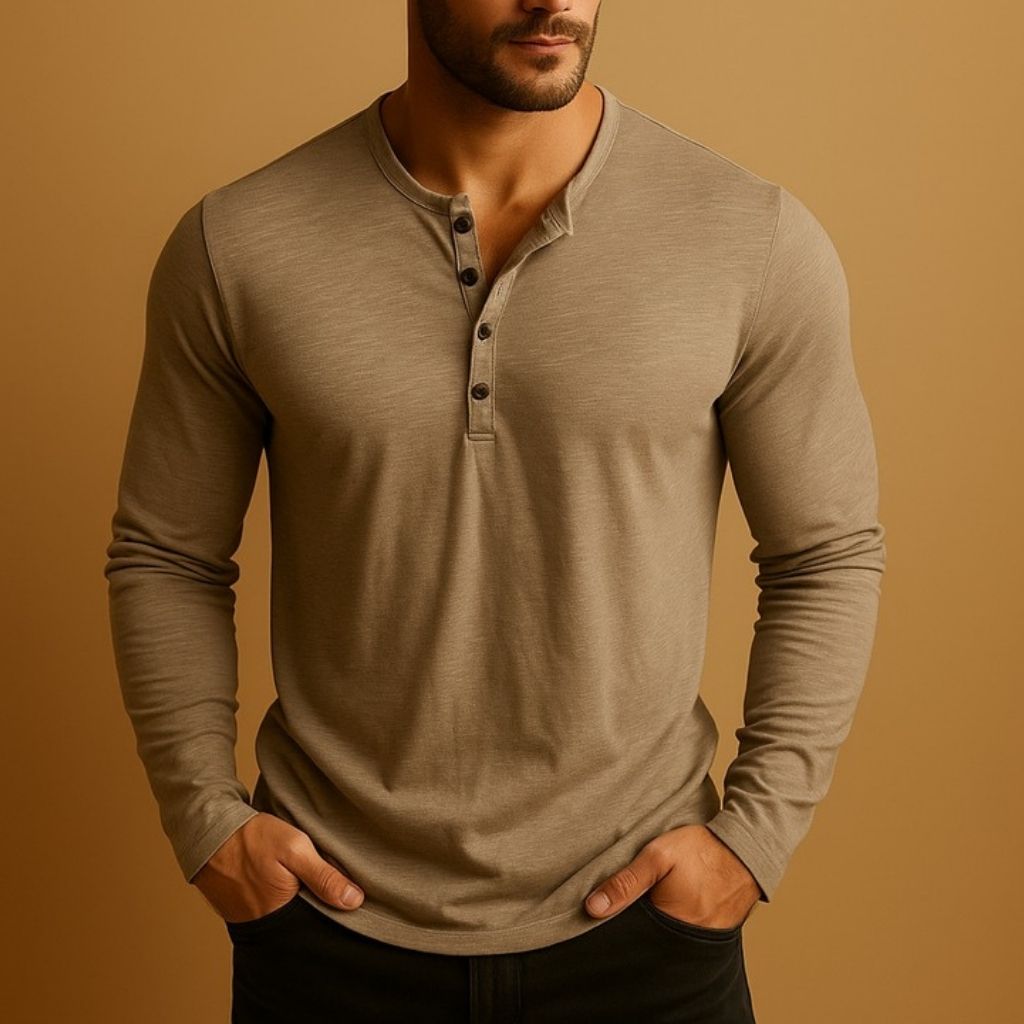 Men’s Cotton Blend Henley Top – Soft Stretch Fabric, Slim Fit Long Sleeve Shirt