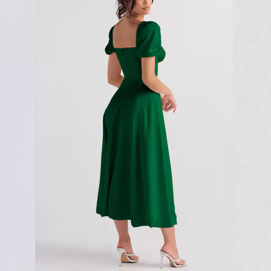 Emma | Lace-up Mid Waist Maxi Dress - Dinner Attire, Puff Sleeve Slit
