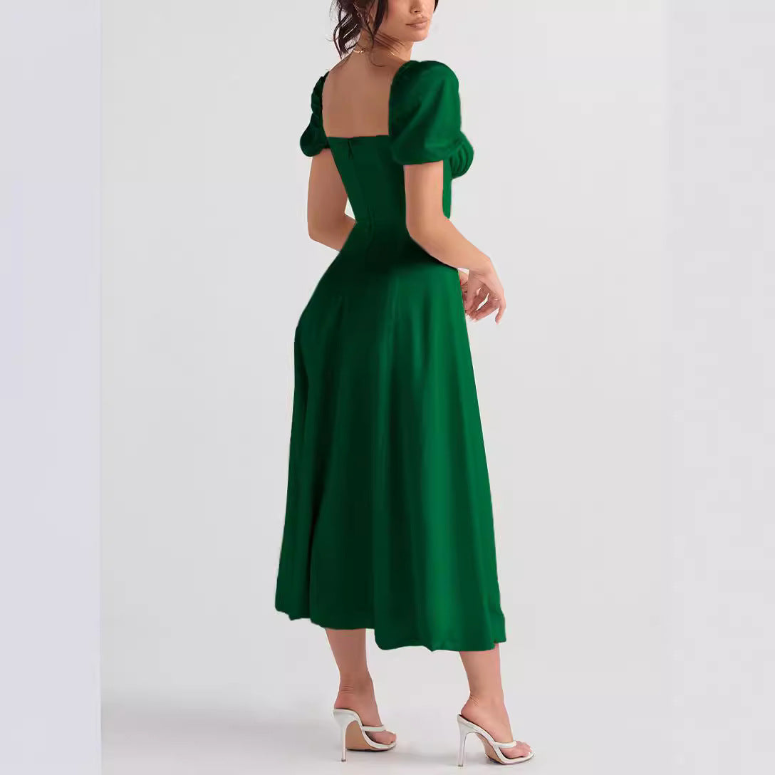 Emma | Lace-up Mid Waist Maxi Dress - Dinner Attire, Puff Sleeve Slit