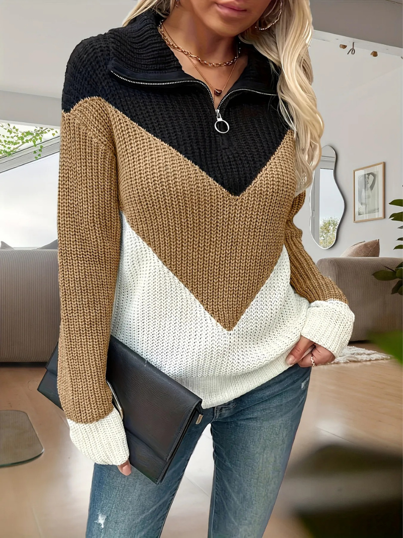 Women’s Colour Block Zip-Up Knit Jumper – Long Sleeve Chevron Sweater with Quarter Zip Detail