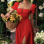 Emma | Lace-up Mid Waist Maxi Dress - Dinner Attire, Puff Sleeve Slit