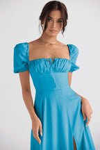 Emma | Lace-up Mid Waist Maxi Dress - Dinner Attire, Puff Sleeve Slit