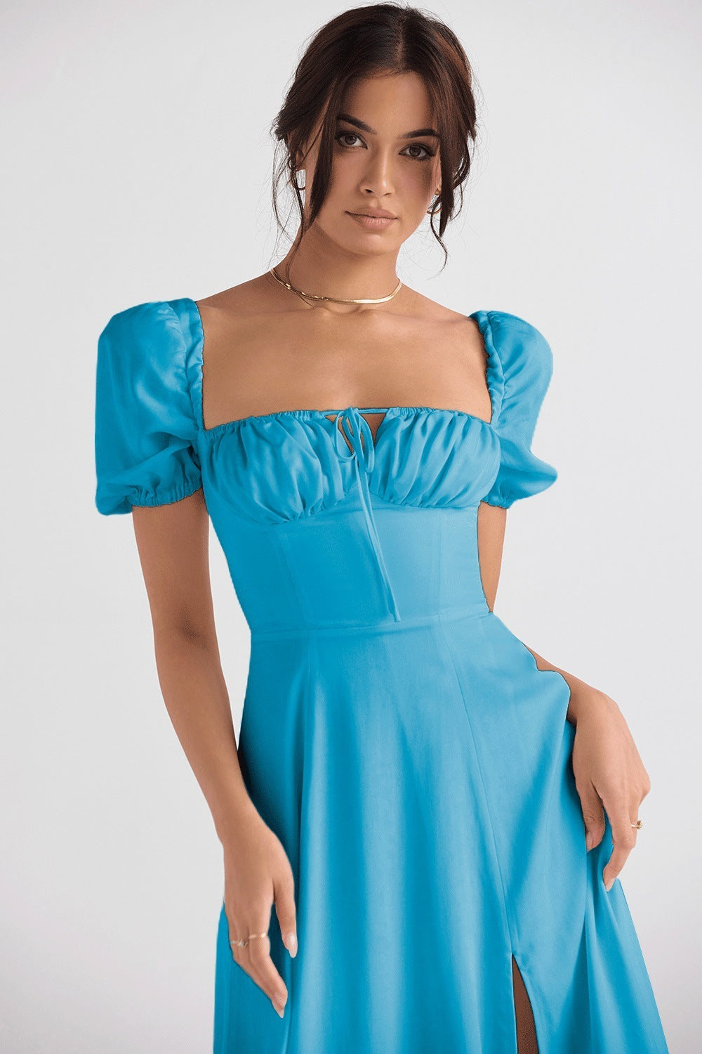 Emma | Lace-up Mid Waist Maxi Dress - Dinner Attire, Puff Sleeve Slit