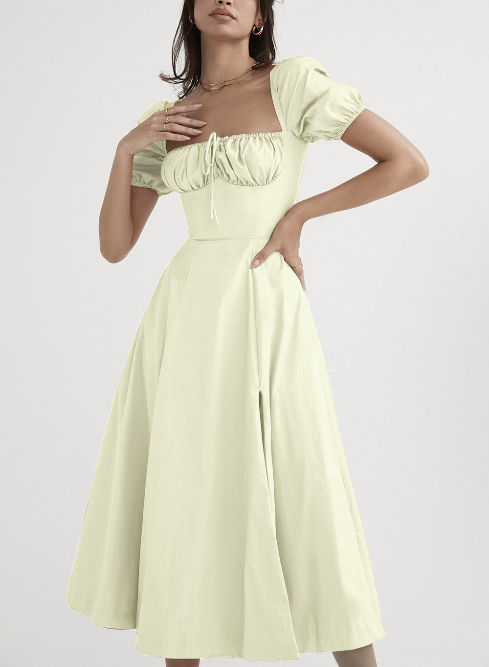 Emma | Lace-up Mid Waist Maxi Dress - Dinner Attire, Puff Sleeve Slit